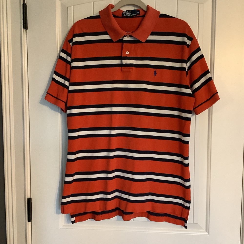 Ralph Lauren Men's Orange and Navy Striped Polo Shirt